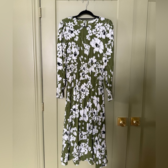 M&S x Ghost Green Floral Shirred Midi Waisted Dress - Picture 2 of 5